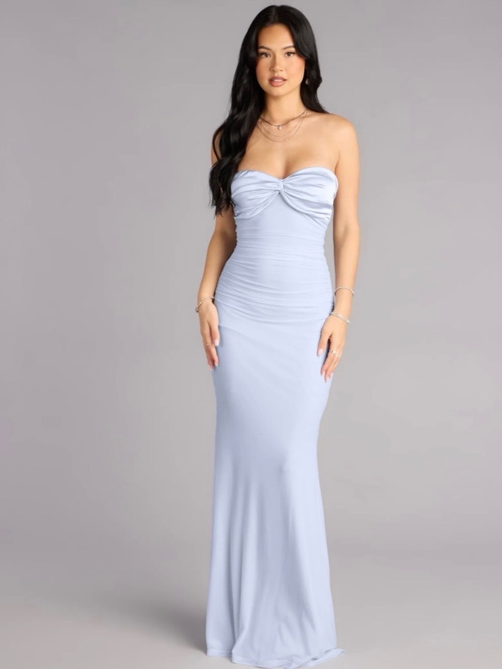 Strapless Twist-Front Light Blue Evening Gown